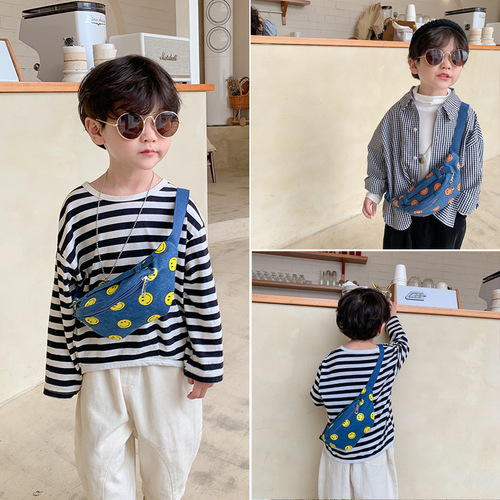 ins fashion new Korean version of smiling face denim children boys and girls handsome mobile phone chest bag waist bag bag trendy bag
