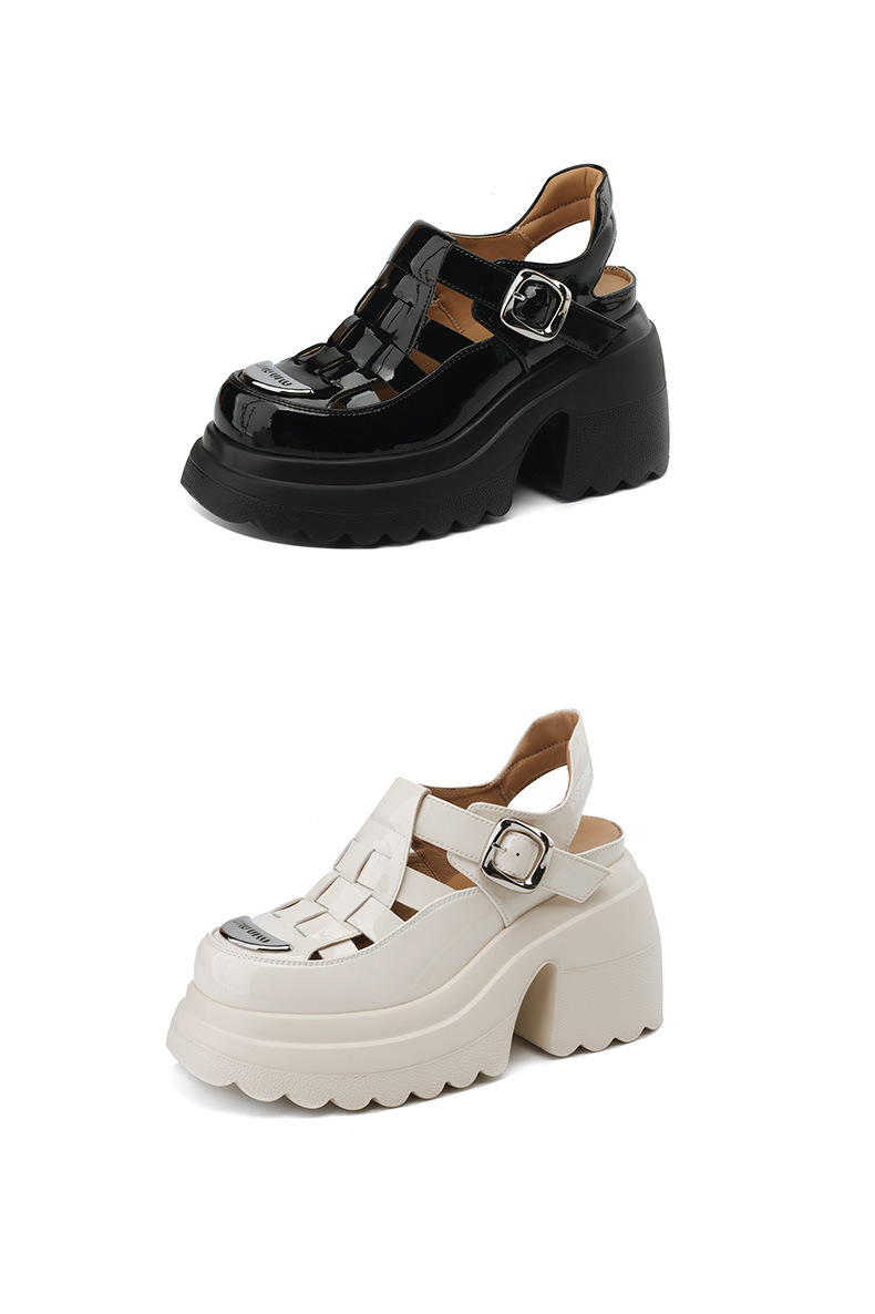Sandal bít mũi đế dày da bóng phong cách La Mã, gót cao 10 cm — Màu be, Màu đen chi tiết 18