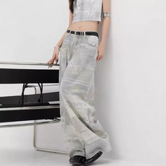 KEL American new newspaper printing design wide-leg jeans for women versatile draping slimming straight-leg floor pants