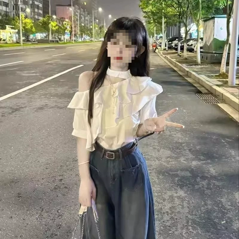 Женские топы с рюшами во французском стиле, элитные летние топы в стиле чистой страсти, сексуальные топы с косыми плечами и короткими рукавами.