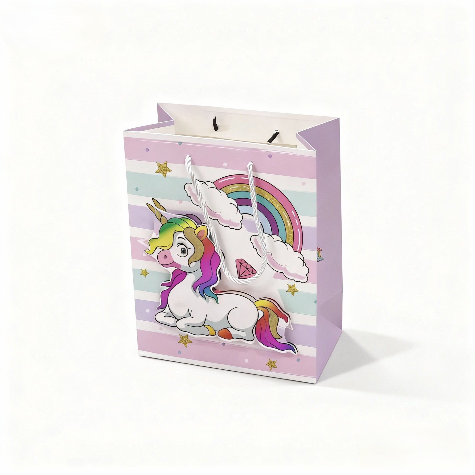 Fábrica de origen unicornio cartón de dibujos animados conjunto de bolsas de regalo artesanal estereoscópico para niños y niñas corazón de cumpleaños mano bolsa de regalo