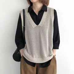 ニットベスト レディース 秋 2025年新作 透かし彫り ゆったり ノースリーブ 薄手 ベスト Vネックトップス