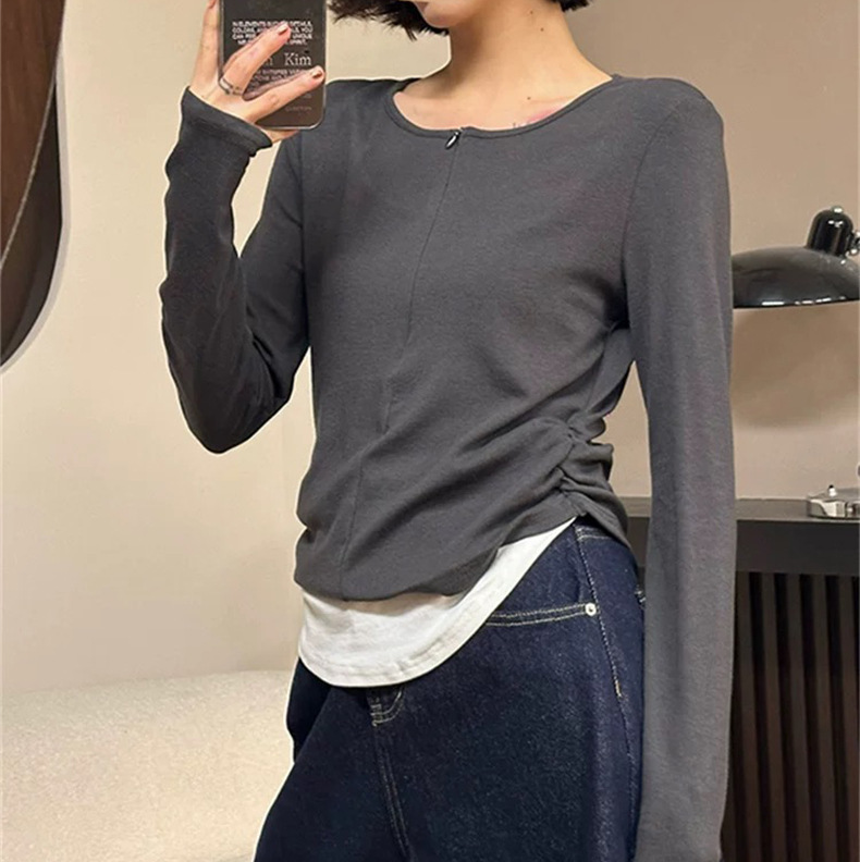 T恤女早秋收腰短款显瘦打底衫内搭上衣韩系小众正肩假两件V领长袖|undefined