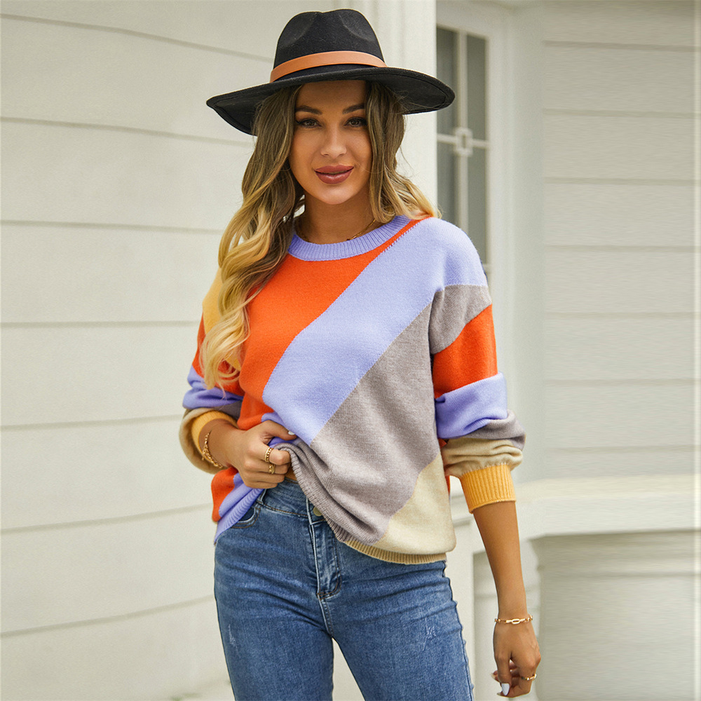 2023 otoño e invierno nuevo europeo y americano Amazon suéter transfronterizo Comercio exterior rayas costura moda cuello redondo INS suéter para las mujeres
