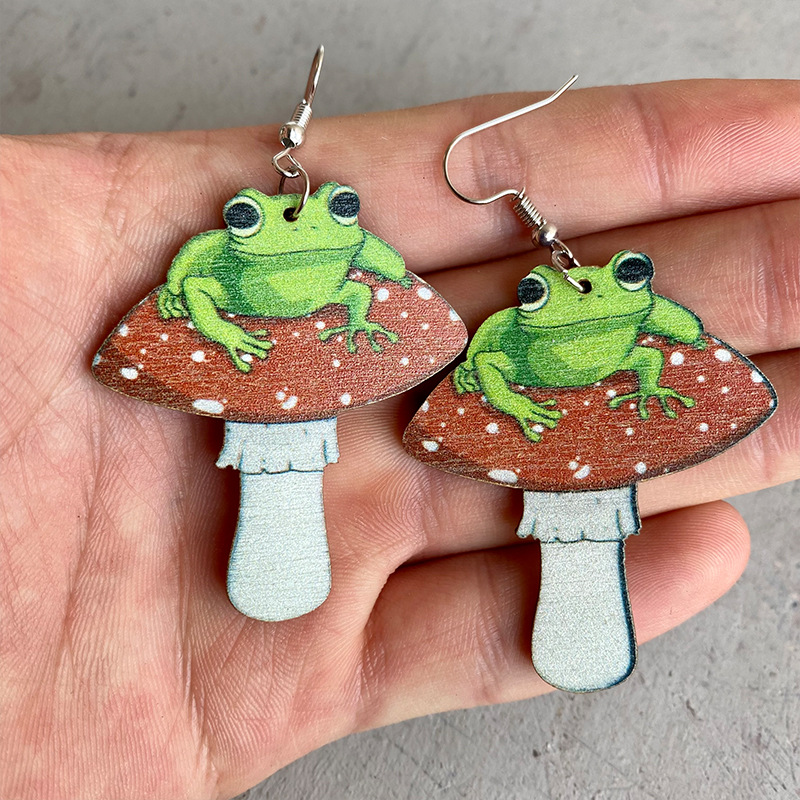 1 Paire Mode Champignon Grenouille Bois Patchwork Femmes Boucles D'oreilles display picture 2