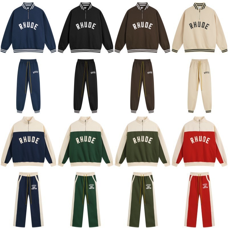 クロスボーダーヨーロッパとアメリカのトレンディなブランド RHUDE レタープラスベルベットハーフジップスウェットシャツ男性と女性のハイストリートスポーツパンツカジュアルスーツ|undefined