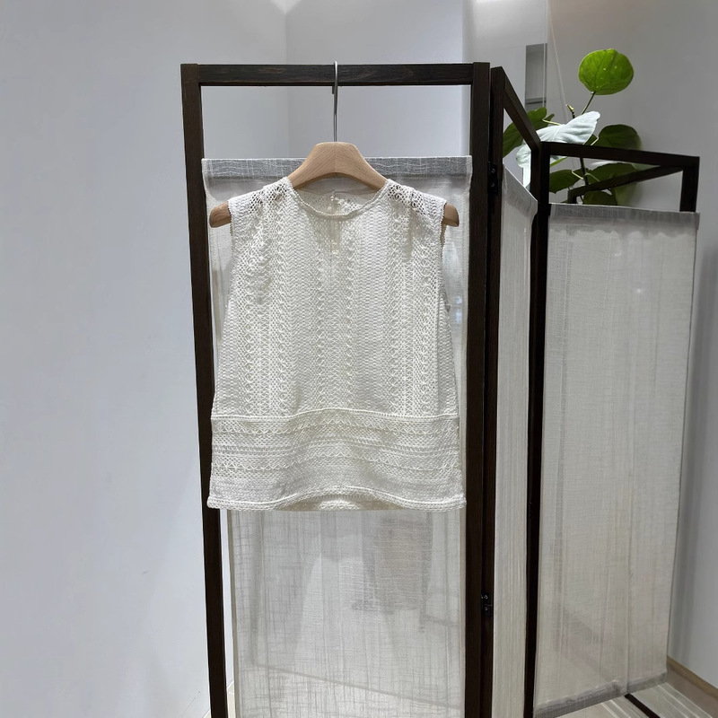 Ecr French Lace Crocheted Cut Out Micro See-Through Round Neck Knitted Vest Top