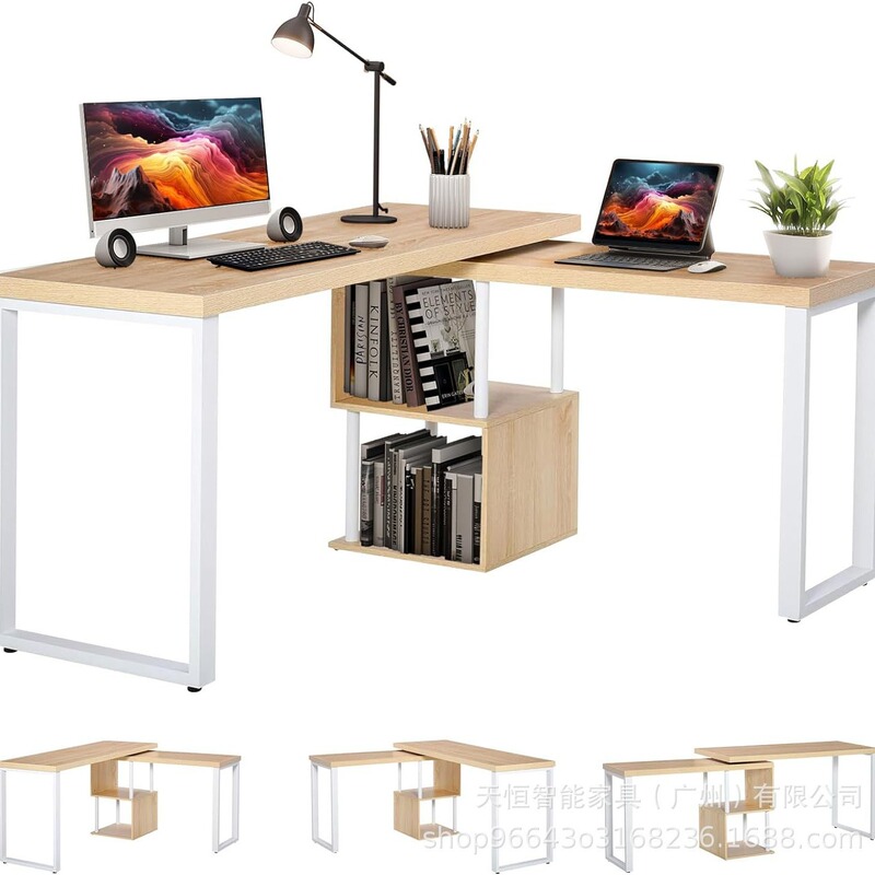 Reversible L-Shaped Home Office Computer Desk with Two-Layer Shelves Suitable for Bedroom Dormitory Study Room Customizable