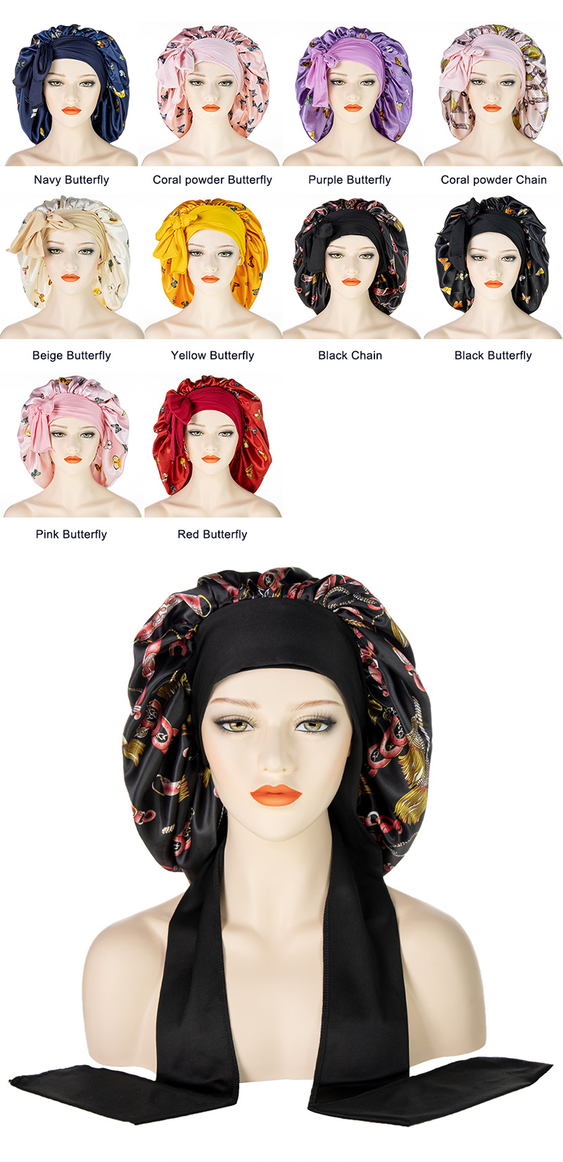 Unisex Hair Care Wide Brim Long Tail Extra Large Shower Cap Fashion Print Ladies Large Satin Night Cap_voghion.com