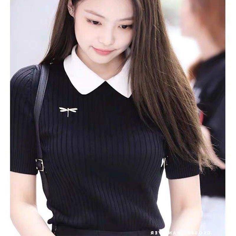 Summer cross-border style new Korean style lapel POLO embroidery slim fit black knitted short sleeve T-shirt top women's thin