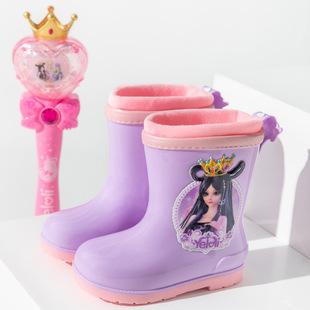 Ye Luoli Girls Rain Boots fleece-lined Girls Kindergarten Primary School Students Rain Boots Non-slip Thick Bottom Cartoon Cute Princess Style