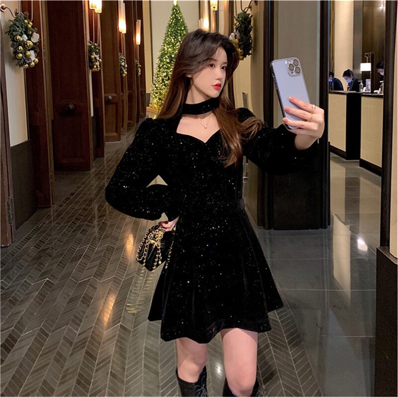 New Year's Banquet, Red Velvet Waist Dress, Female's Zodiac Year Skirt, Sexy Dress, Spring