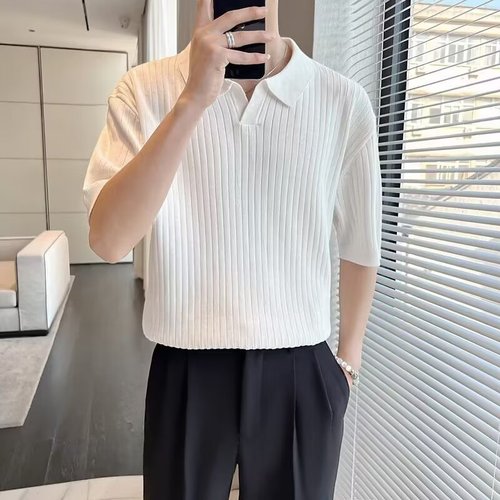 Knit Short-Sleeve POLO Shirt Men's Autumn Trendy Simple Muscle Fitness Striped Collar Top T-Shirt