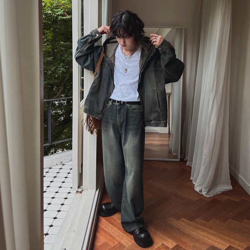 MYQ otoño retro viejo traje de mezclilla chaqueta con capucha suelta para hombre jeans rectos de moda coreana