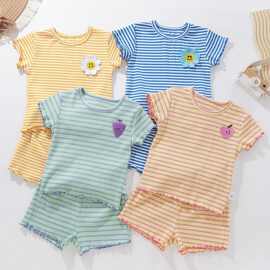 夏季小童韩版短袖短裤木耳边套装弹力柔软条纹百搭网红休闲两件套