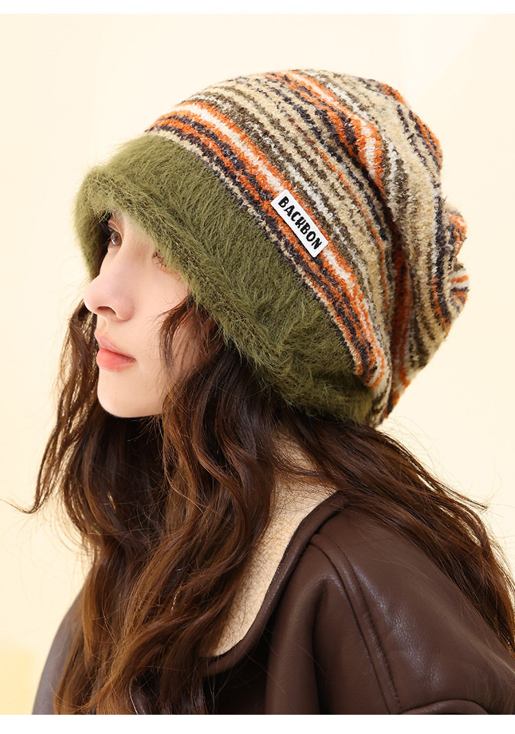 Cappello invernale da donna in maglia a blocchi di colore, stile coreano, stile retrò, con protezione per le orecchie, versatile e caldo, a righe_voghion.com