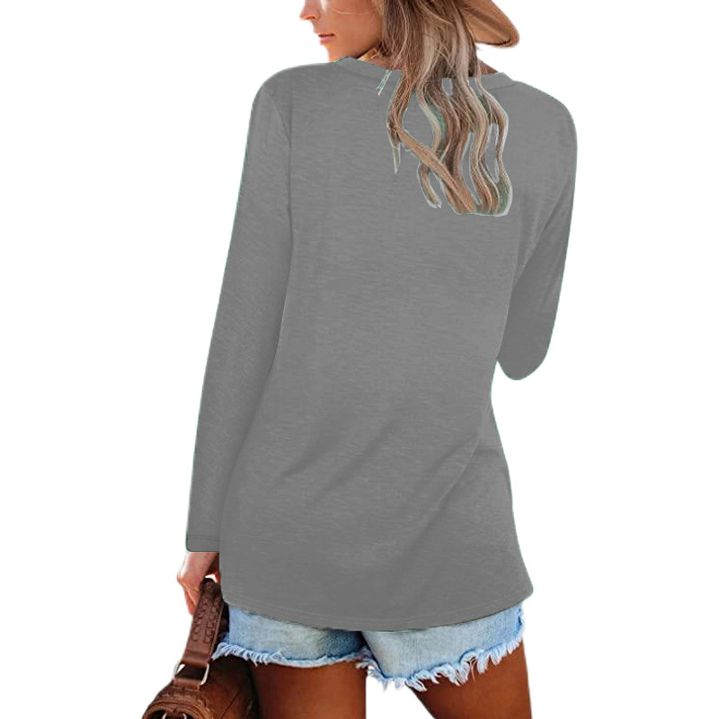 Women's T-shirt V-neck Loose Long Sleeved Solid Colour Top_voghion.com