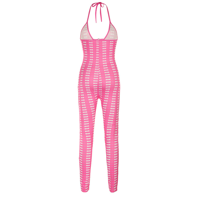 Sexy Women Clothing Barbie Pink Striped Contrast Color Deep V Plunge neck Hollow Out Cutout out Tight Braces Halter Jumpsuit Skinny Trousers