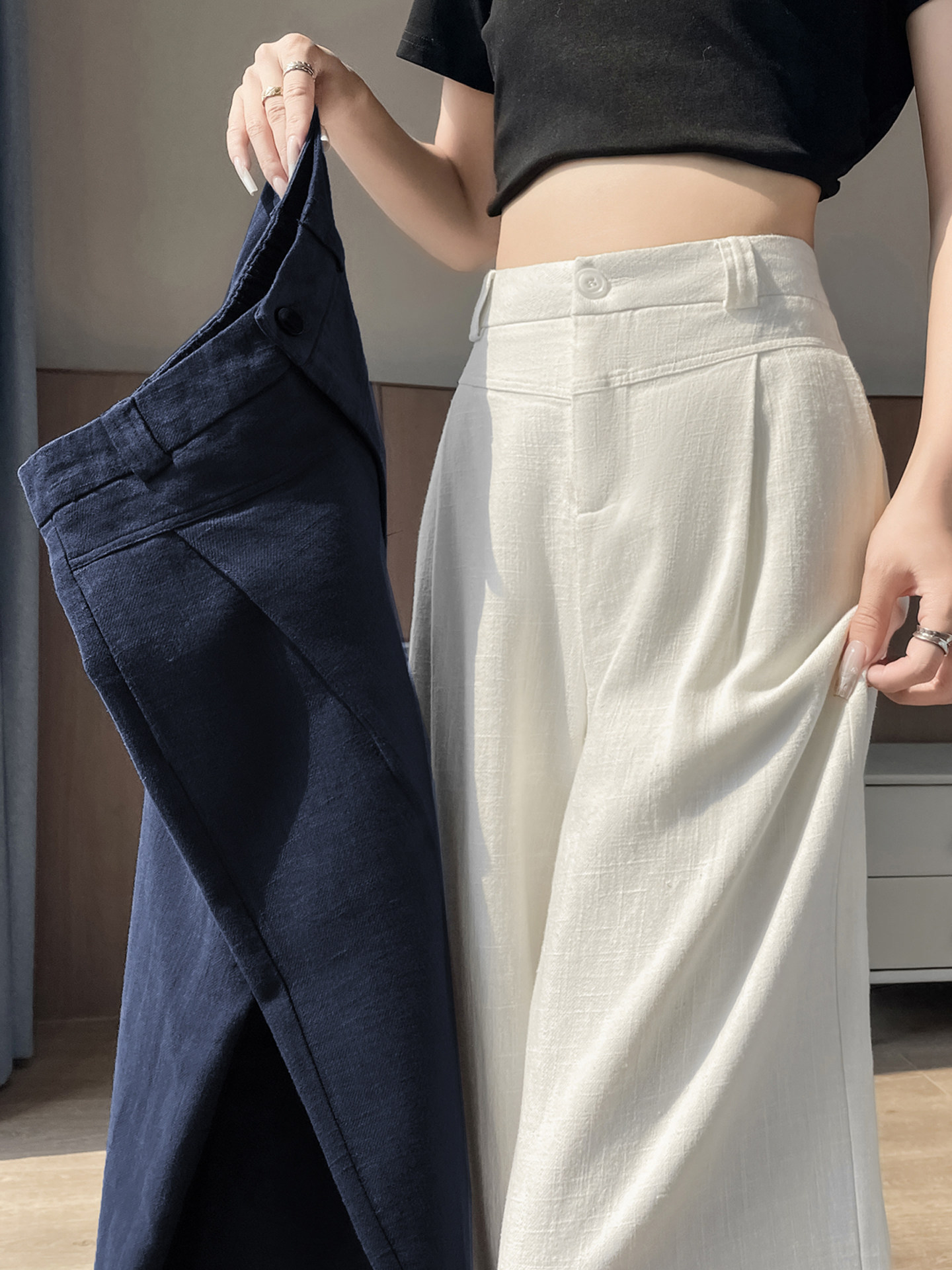 Quần culottes nữ ống rộng cạp cao vải linen phối cotton mềm mại, form suông rộng thoải mái — Trắng Extended