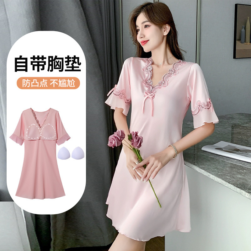 Strict selection with breast pad women's V-neck summer pajamas nightgown with Bra integrated breast pad ice silk home lace short sleeve Strict selection with breast pad women's V-neck summer pajamas nightgown with Bra integrated breast pad ice silk home lace short sleeve