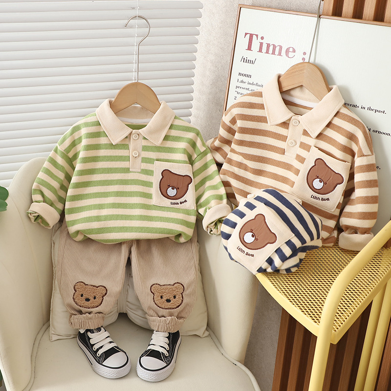 Children's autumn clothing 2023 Spring and Autumn new children's western style striped lapel polo shirt two-piece boys' casual sweater