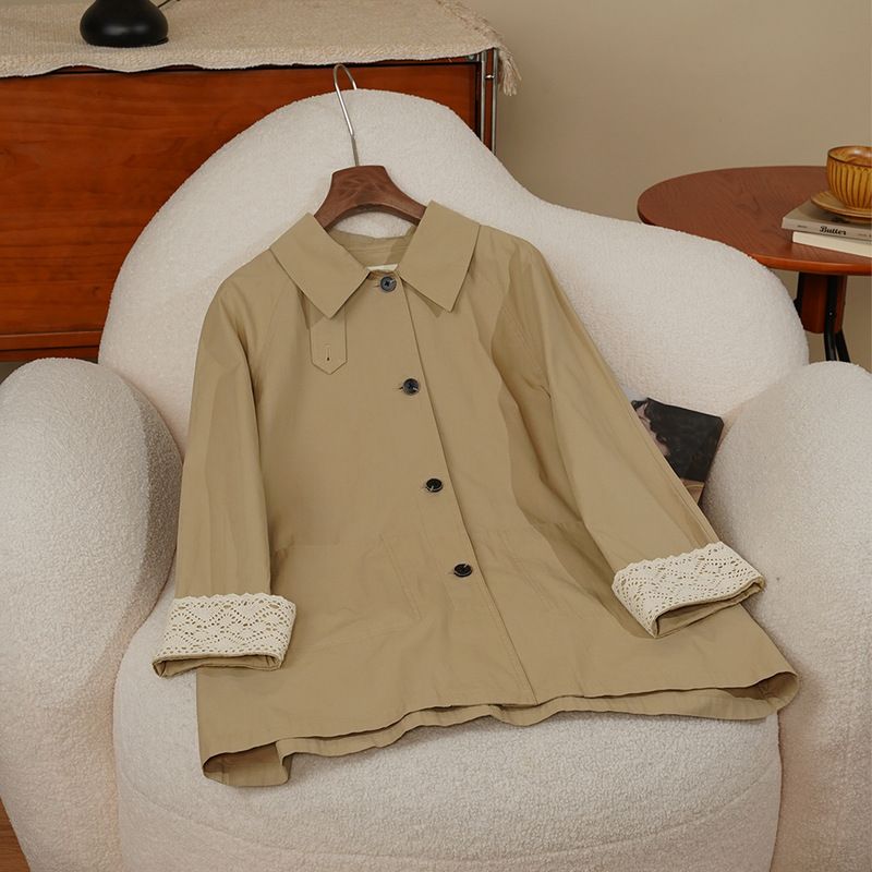 Anfiona 2026 Dune Khaki Lapel Single-Breasted Lace Cuff Mid-Length Women's Trench Coat Pure Cotton Trench Coat