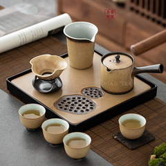 Porcelain Teapot with Glazed Sides and Handle, Compact Set of Teaware for Gongfu Tea, Ceramic Home Use, Simple Water Storage Dry Brew Tea Tray with Tea Cups