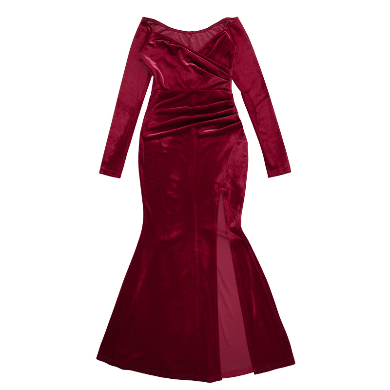 Off Shoulder Sexy High Slit Velvet Dress Women Elegant Dress