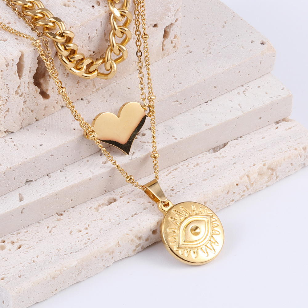 Retro Heart Shape Titanium Steel Plating Layered Necklaces 1 Piece