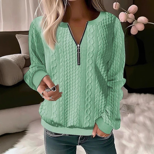 2024 European and American Cross-border Amazon Independent Station Autumn and Winter New Women's Long Sleeve Solid Color V-neck Zip T-shirt Top