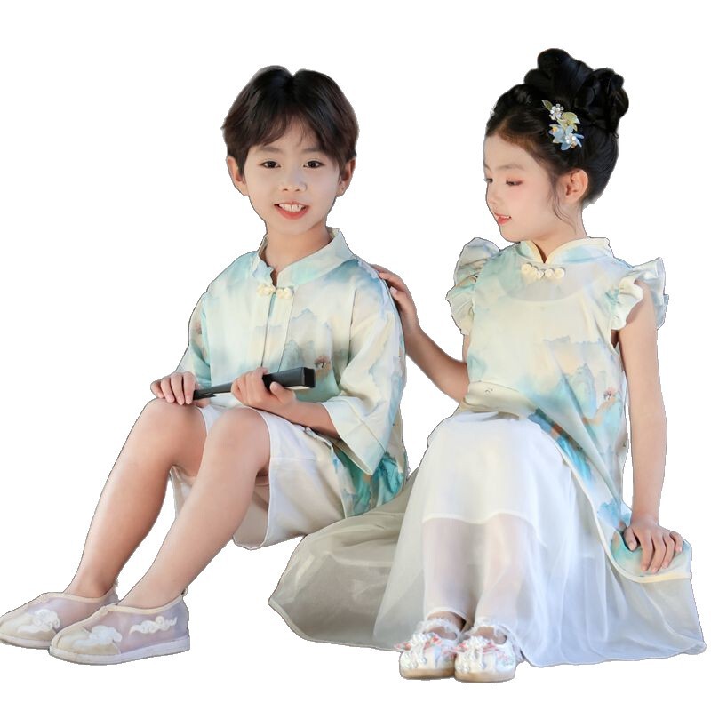 男の子と女の子のための子供用漢服、新しい中国風の漢服半袖スーツ、夏の新しい中国風の唐スーツ、中国学のパフォーマンススーツ|undefined
