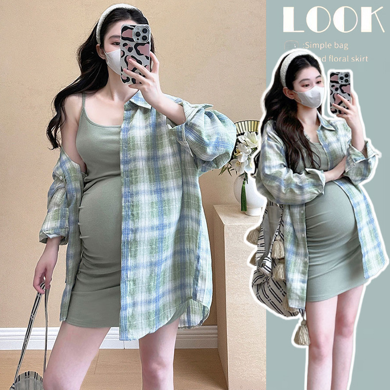 Travel Maternity Wear Summer Dress New Fashion Hot Mom Elegant Slim Suspender Skirt + Sun Protection Plaid Shirt