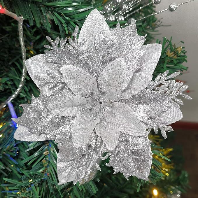 国境を越えて人気のある14cmクリスマス花人工一品紅花飾りクリップと茎クリスマスツリー花輪飾り|undefined
