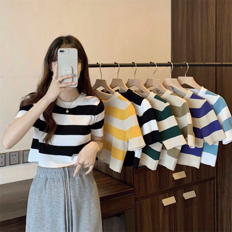 韩版圆领条纹t恤女2023夏季露脐高腰针织短袖气质修身短款上衣