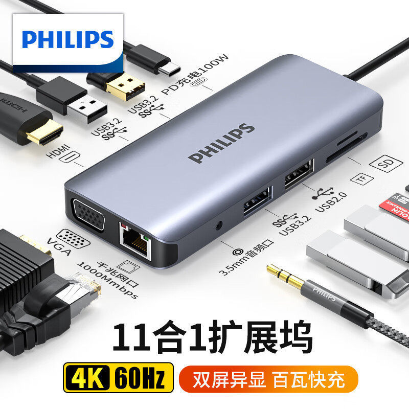 Philips Type-C Docking Station Usb-C to HDMI Card Reader Expansion Dock Ethernet Adapter 3.2 Splitter