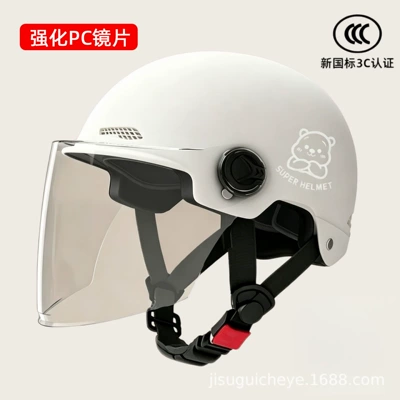 helmet, adult half helmet, Motosiklet kaskı (dəbilqə) - white-transparent-long-mirror-silver-white-bear-reinforced-lens-3c-certified