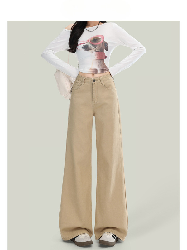 American High Street Style Khaki Wide-Leg Jeans for Women, Spring Vintage High-Waisted Loose Straight Pants American High Street Style Khaki Wide-Leg Jeans for Women, Spring Vintage High-Waisted Loose Straight Pants