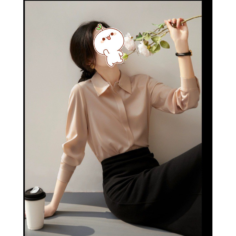 in stock Glossy Commuter Laminations Dovetail Collar Solid Color Waltz Matte Satin Long Sleeve Shirt