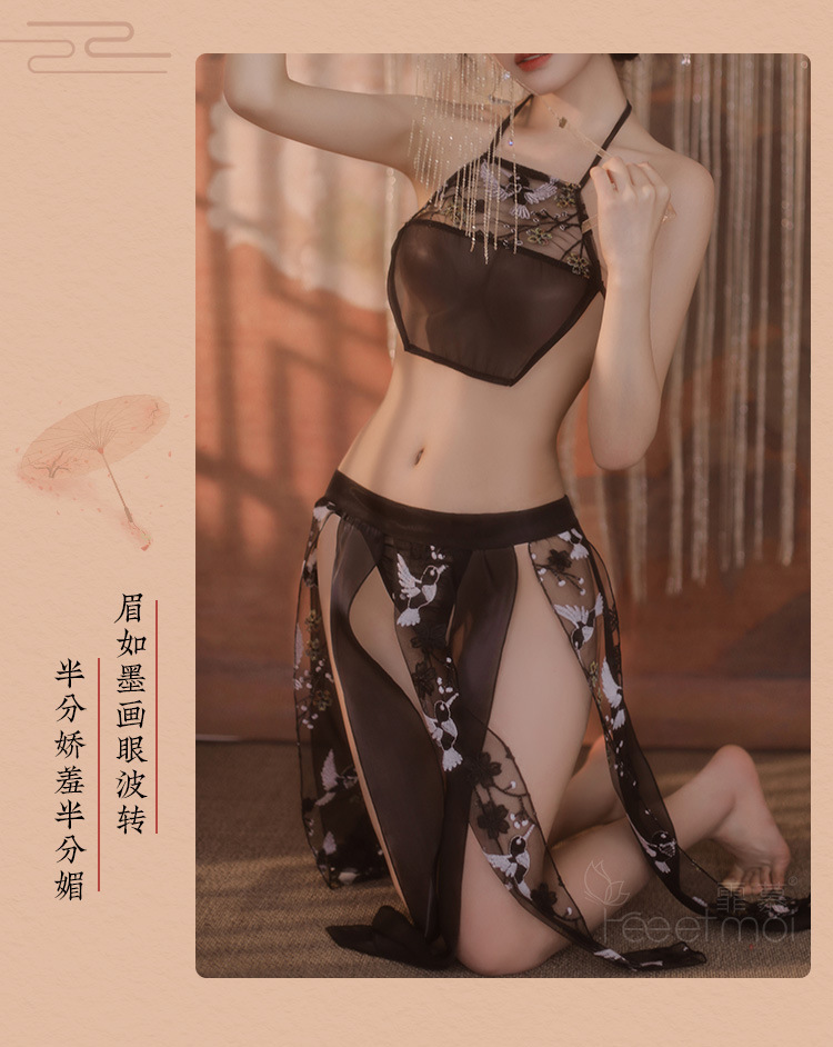 Sexy Chiffon Bellyband Pajama Set with Skirt and Thong, Sheer Mesh Roleplay Lingerie — detail image 6