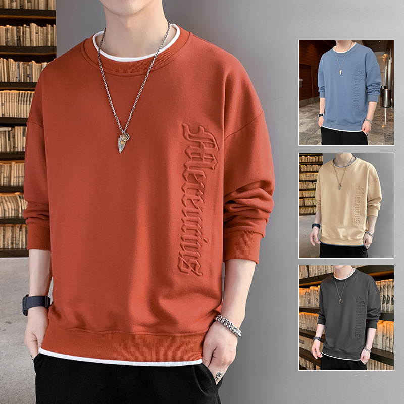 Long-sleeved T-shirt men's autumn and winter American fashion brand loose fleece-lined fake two-piece round neck custom sweater men's top