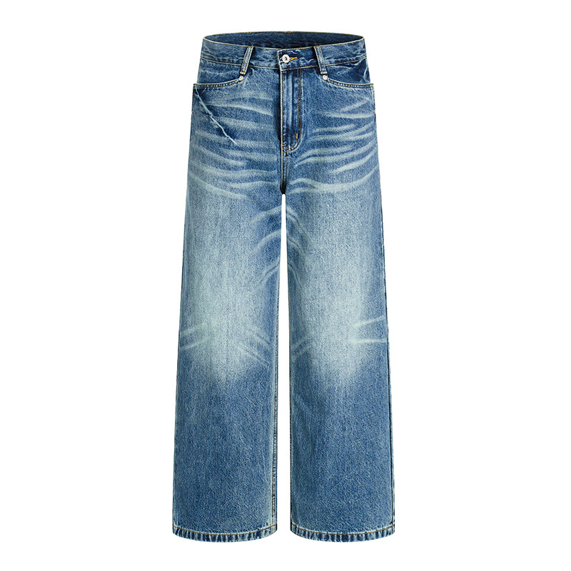 Retro Whiskered Washed Denim Jeans American Style Clean Fit Loose Straight Leg Casual Wide Leg Pants for Men And Women_mkmklike.com