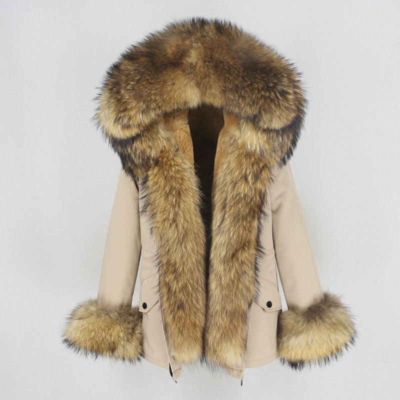 Women's Clothing Parka With Thickened Artificial Fur Lining, Detachable Real Raccoon Fur, Large Fur Collar Jacket_voghion.com