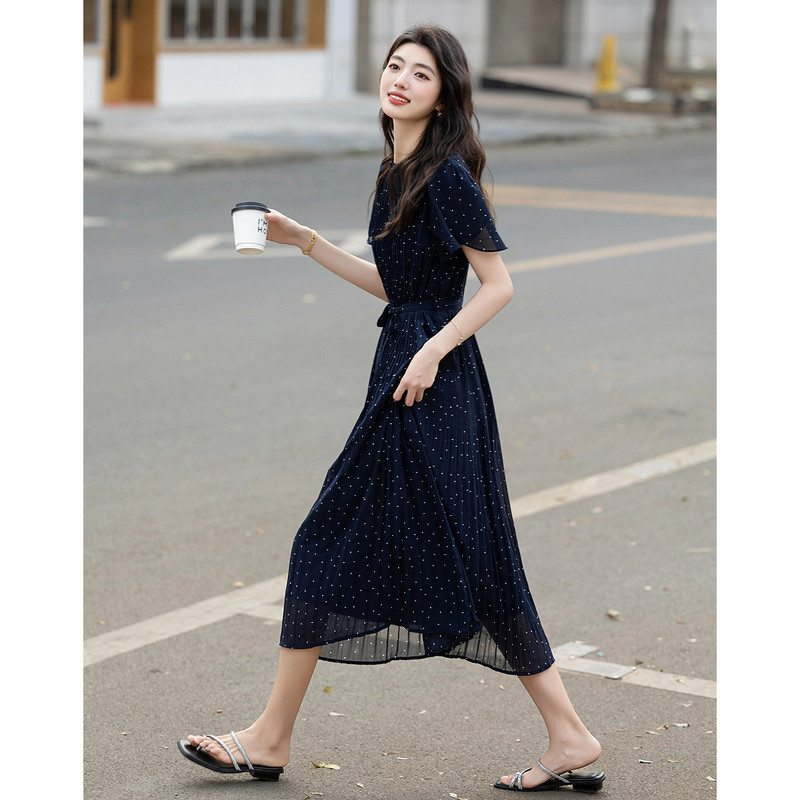Polka Dot Print 2025 Summer Elegant Style Gradient Pleated Ruffle Sleeves Tie-Up Flowing Mid-Length Women's Dress