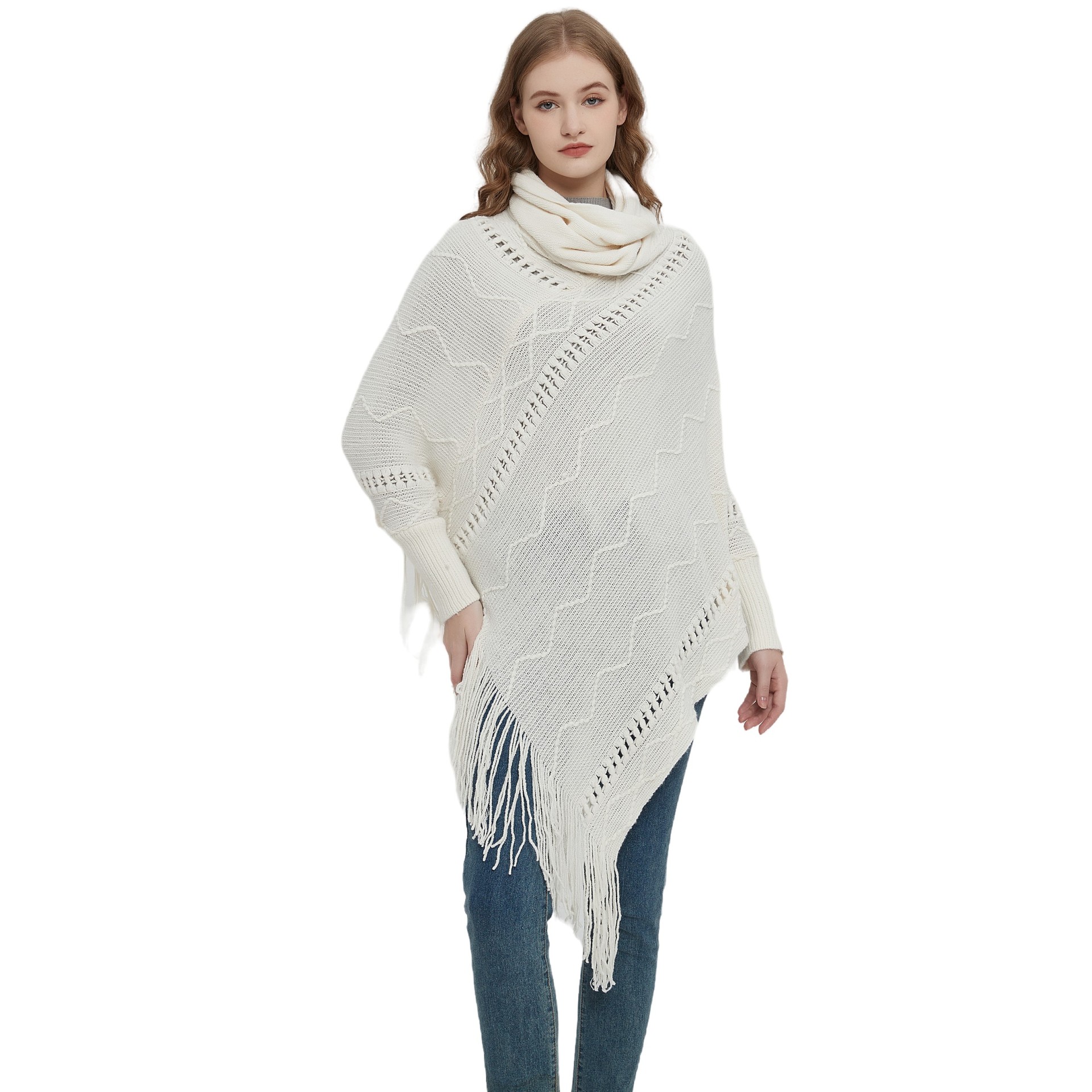 Unisex Coat beige white hollow collar long sleeves tassel cape cape_viptrois.com
