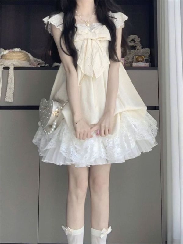 2025 夏の新フレンチスタイルの優しいスタイルのリボン小さなフライングスリーブドレス女子学生のためのルーズスリムフラワースカート|undefined