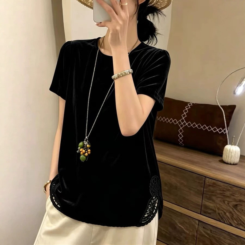 Luxurious New Chinese-Style Silk Velvet Hollow-Out Beaded Butterfly Top 2026 Summer Loose Slimming Black Shirt for Women