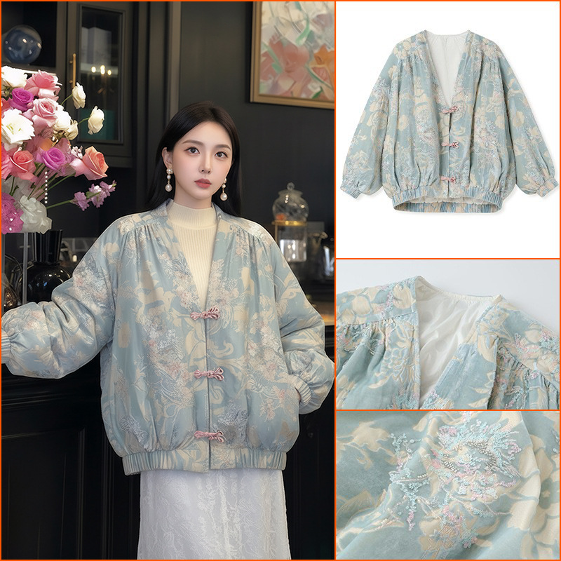 Chinese Style New Versatile Loose Jacket with Bead Embroidery Single-Breasted High-End Winter down Coat for Women Ny030