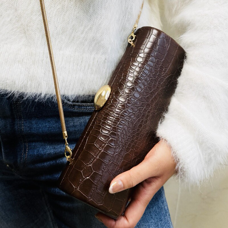 Autumn and Winter Warm Brown Crocodile Pattern Long Baguette Clutch Bag Date Party Special-Shaped Bag Za Autumn and Winter Warm Brown Crocodile Pattern Long Baguette Clutch Bag Date Party Special-Shaped Bag Za