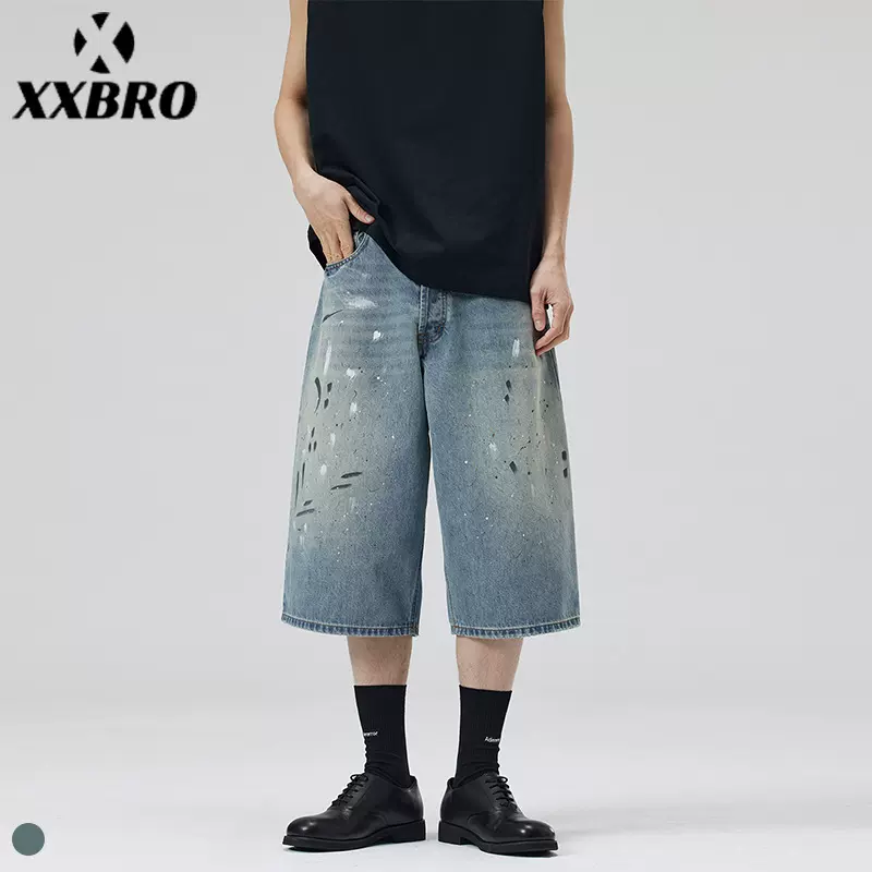 xxbro#夏季新款潮牌做旧AC泼墨牛仔裤男高街阔腿裤短裤百搭七分裤