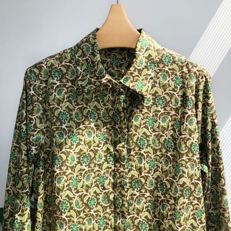 Cashew Grass Pattern·Rich Retro Paisley Print Pointed Collar Basic Cotton Shirt